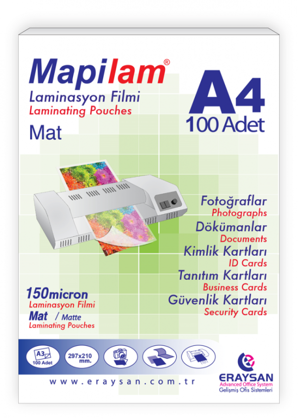 MAPİLAM 150 MİC. MAT LAMİNASYON FİLMİ (A4) 100 LÜ