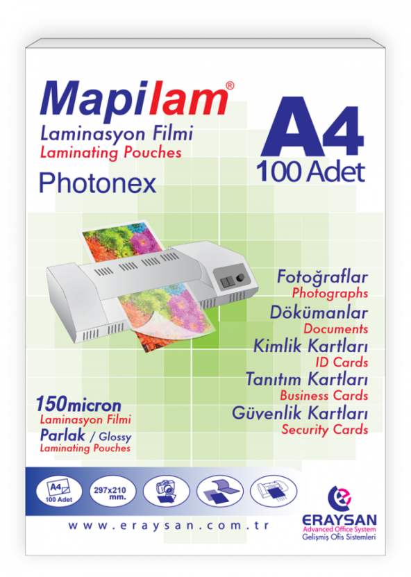 MAPİLAM 150 MİC. SICAK PHOTONEX LAMİN. FİLMİ (A4) 100 LÜ