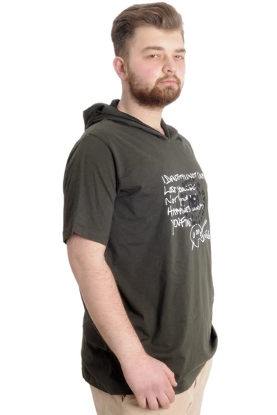 Mode XL Büyük Beden Erkek T-shirt Kapşonlu MUHAMMAD 23120 Haki - 3