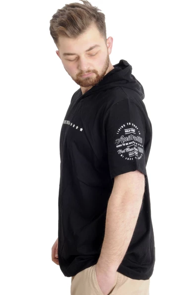 Mode XL Büyük Beden Erkek T-shirt Kapşonlu BORN TO BE WILD 23122 Siyah - Resim 3