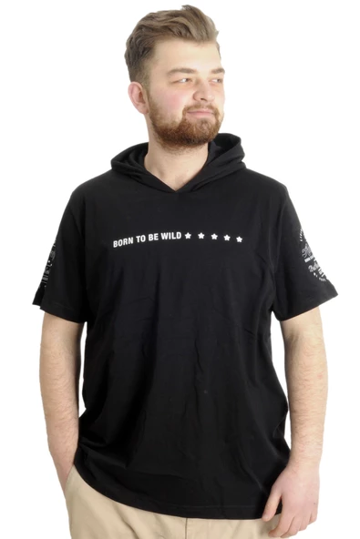 Mode XL Büyük Beden Erkek T-shirt Kapşonlu BORN TO BE WILD 23122 Siyah ürün görseli