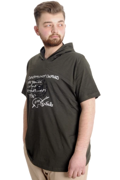 Mode XL Büyük Beden Erkek T-shirt Kapşonlu MUHAMMAD 23120 Haki - 2