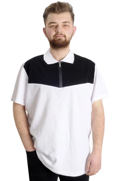 Mode XL Büyük Beden Erkek T-shirt Polo FRAGMENTED 23325 Beyaz ürün görseli