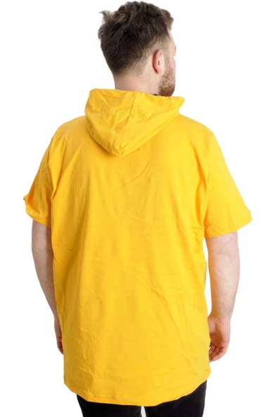 Mode XL Büyük Beden Erkek T-shirt Kapşonlu Kısa Kol 23118 Hardal - 4