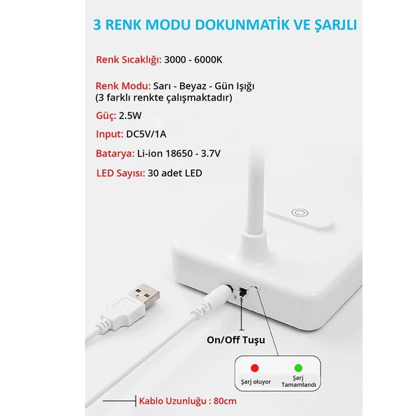 Ledli Dokunmatik Masa Lambası 3 Kademeli Akrobat Şarjlı ve Usb Masa Lambası Katlanabilir 30 Ledli Ma - 8