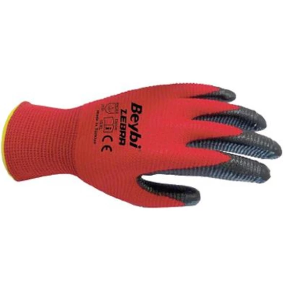 Beybi Zebra Nitril Kaplama Örme Eldiven Kırmızı İşçi Eldiveni (15 Çift) - 6
