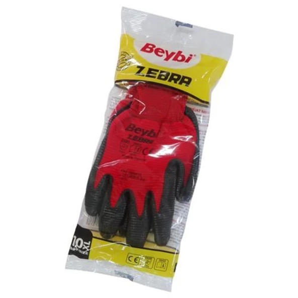 Beybi Zebra Nitril Kaplama Örme Eldiven Kırmızı İşçi Eldiveni (15 Çift) - 5