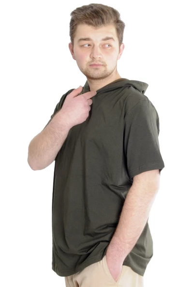 Mode XL Büyük Beden Erkek T-shirt Kapşonlu Kısa Kol 23118 Haki - Resim 2