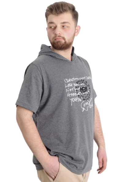 Mode XL Büyük Beden Erkek T-shirt Kapşonlu MUHAMMAD 23120 Antramelanj - Resim 2