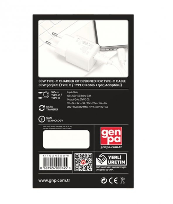 Genpa GNP 30W GAN Şarj Adaptörü ve Type-C Kablo Beyaz Genpa Garantili - 3