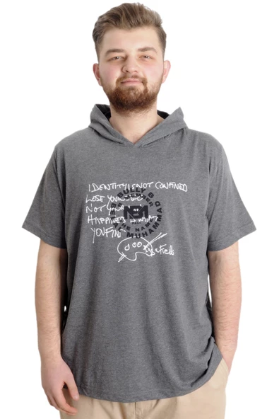 Mode XL Büyük Beden Erkek T-shirt Kapşonlu MUHAMMAD 23120 Antramelanj ürün görseli