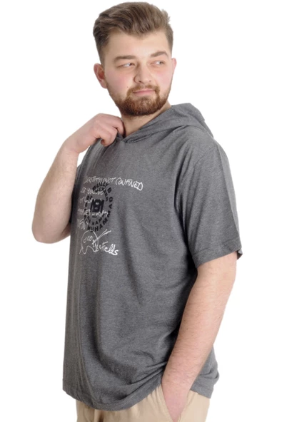 Mode XL Büyük Beden Erkek T-shirt Kapşonlu MUHAMMAD 23120 Antramelanj - Resim 3