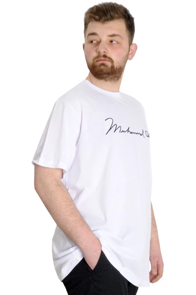Mode XL Büyük Beden Erkek T-shirt MUHAMMED ALI 23160 Beyaz - 2