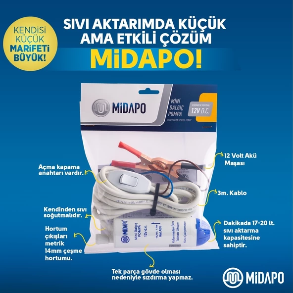 Midapo 12 Volt 1/4 Mini Dalgıç Pompa Mazot,Su Yada Süt Pompası - 2