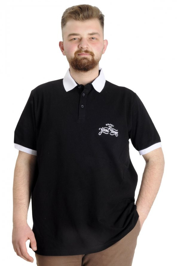 Mode XL Büyük Beden Erkek Polo T-shirt GOOD TIMES 23345 Siyah