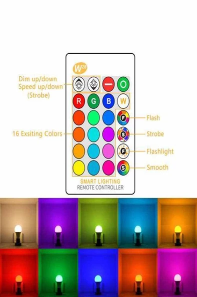 Uzaktan Kumandalı RGB Led Ampul 9Watt E27 Tasarruflu Dimmerli Led Lamba 16 Ton Işık - 5