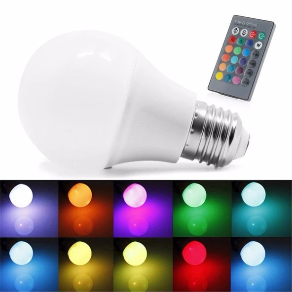 Uzaktan Kumandalı RGB Led Ampul 9Watt E27 Tasarruflu Dimmerli Led Lamba 16 Ton Işık - 7