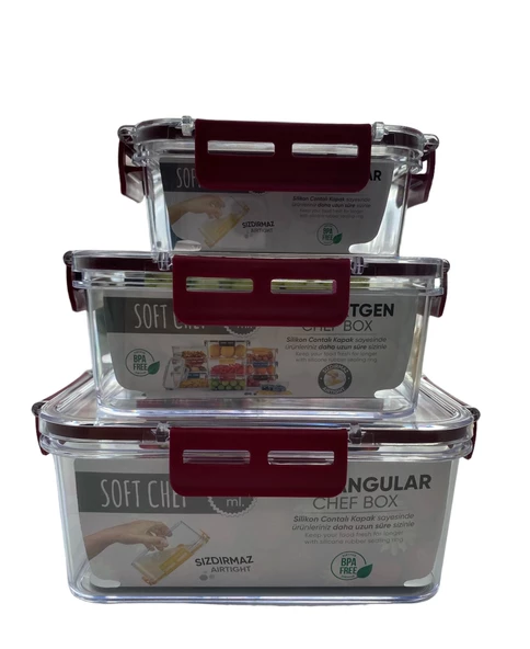 3'lü Set Dikdörtgen Kilitli Saklama Kabı - 1700 ML- 900 ML - 375 ML - 6
