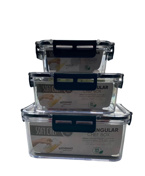 3'lü Set Dikdörtgen Kilitli Saklama Kabı - 1700 ML- 900 ML - 375 ML - 4