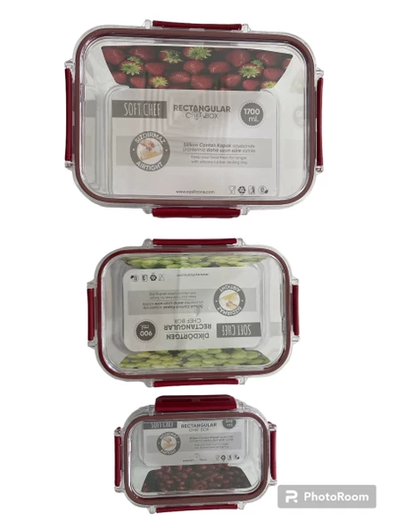 3'lü Set Dikdörtgen Kilitli Saklama Kabı - 1700 ML- 900 ML - 375 ML - 9