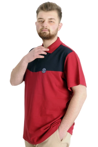 Mode XL Büyük Beden Erkek T-shirt Polo FRAGMENTED 23325 Bordo - 3