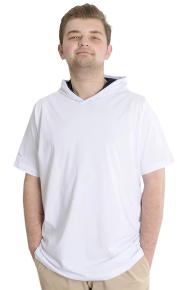 Mode XL Büyük Beden Erkek T-shirt Kapşonlu Kısa Kol 23118 Beyaz - 3