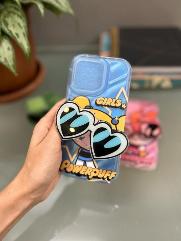 Iphone 14 Pro Max Uyumlu Powerpuff Girls Baskılı Gözlük Popsoketli Standlı Kılıf