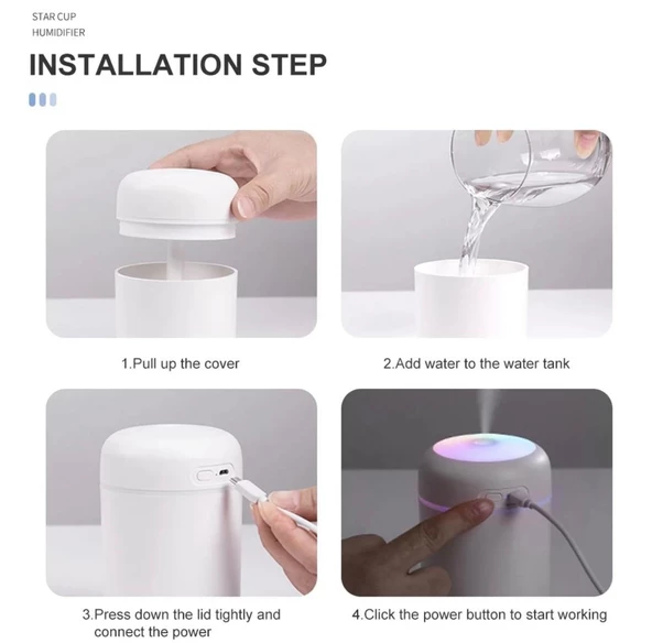 Ultrasonik Hava Nemlendirici Buhar Makinesi Ve Aroma Difüzörü Led Işıklı 300ml Hava Oda Araç - 4