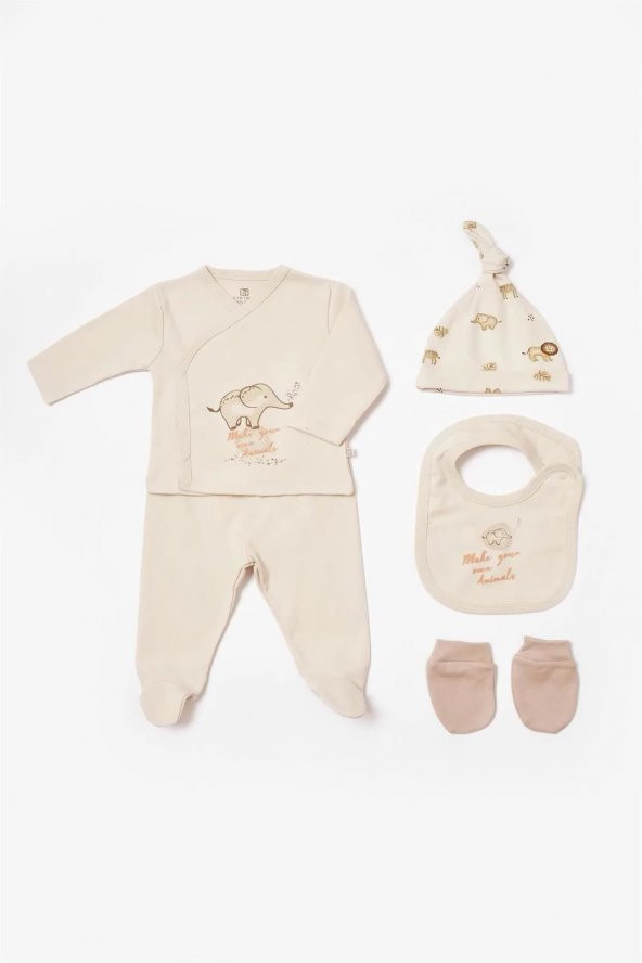 Bibaby Erkek Bebek Animals Kingdom 5'li Hastane Çıkış Seti Ekru-Bej
