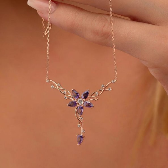 Gümüş Pazarım Ametist Taşlı Manolya Çiçeği Süzme Gümüş Kolye ürün görseli 1