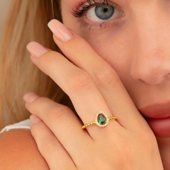 Gümüş Pazarım Altın Kaplama Damla Kesim Zümrüt Gümüş Yüzük - 2