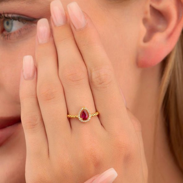 Gümüş Pazarım Altın Kaplama Damla Kesim Yakut Gümüş Yüzük - 2