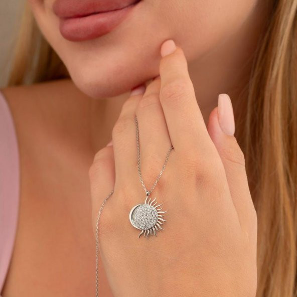Gümüş Pazarım Ay ve Güneş Motifli Gümüş Kolye - 2