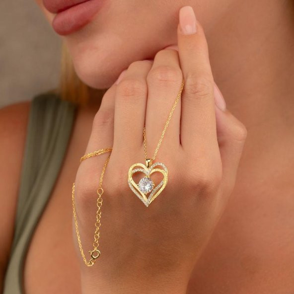 Gümüş Pazarım BeyazTaşlı Altın Kaplama Kalp Gümüş Kolye - Resim 2