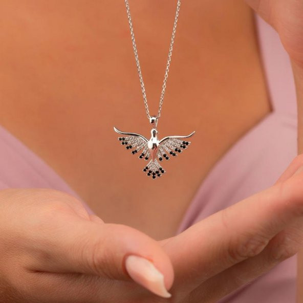 Gümüş Pazarım Siyah Taşlı Anka Kuşu Gümüş Kolye - 2