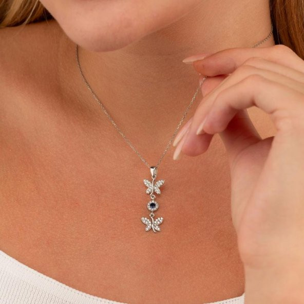 Gümüş Pazarım Safir Taşlı Kelebek Motifli Gümüş Set - 2