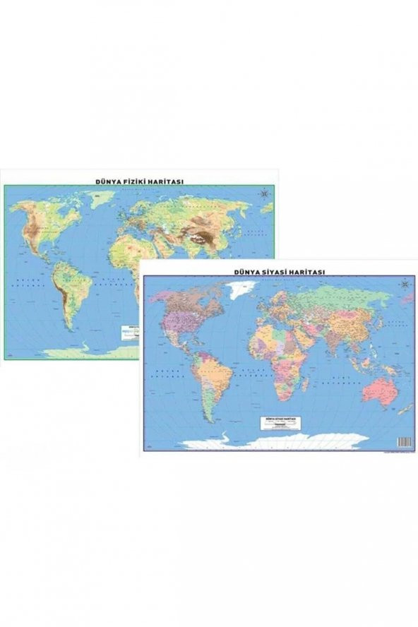 Gürbüz Dünya Fiziki Haritası Ve Dünya Siyasi Haritası Çift Taraflı 50x70 Cm