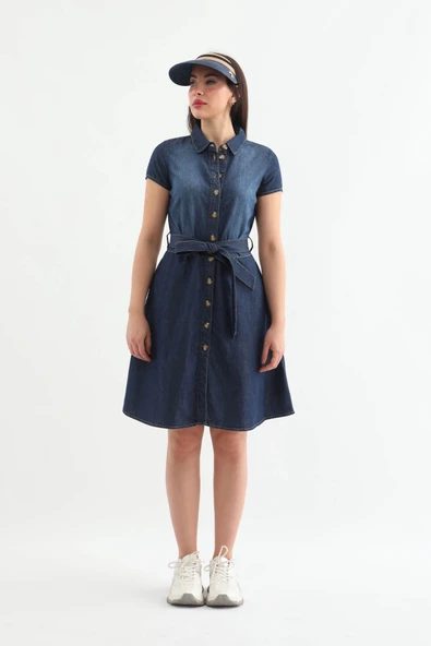 Kemer Detaylı Düğmeli Jean Elbise Mavi - 6