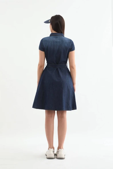 Kemer Detaylı Düğmeli Jean Elbise Mavi - 7