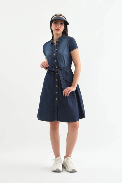 Kemer Detaylı Düğmeli Jean Elbise Mavi - 2