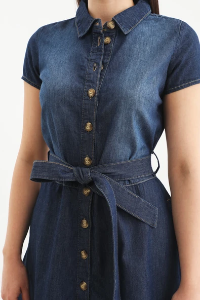 Kemer Detaylı Düğmeli Jean Elbise Mavi - 8