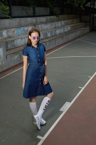 Kemer Detaylı Düğmeli Jean Elbise Mavi - 4