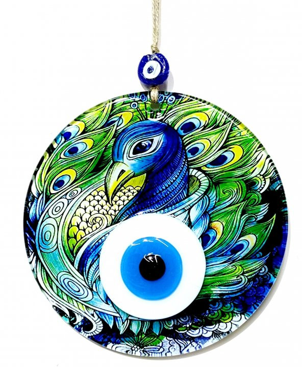 Tavus Kuşu Desenli 16 Santimetre Çapında Nazar Boncuklu Füzyon Cam Duvar Dekoru ürün görseli