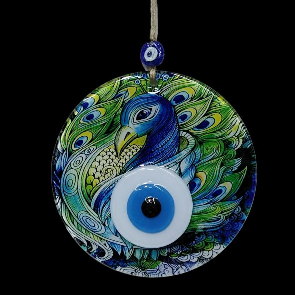 Tavus Kuşu Desenli 16 Santimetre Çapında Nazar Boncuklu Füzyon Cam Duvar Dekoru - Resim 2