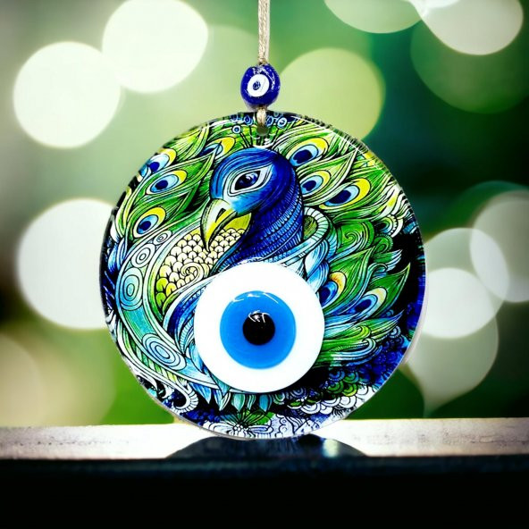 Tavus Kuşu Desenli 16 Santimetre Çapında Nazar Boncuklu Füzyon Cam Duvar Dekoru - Resim 3