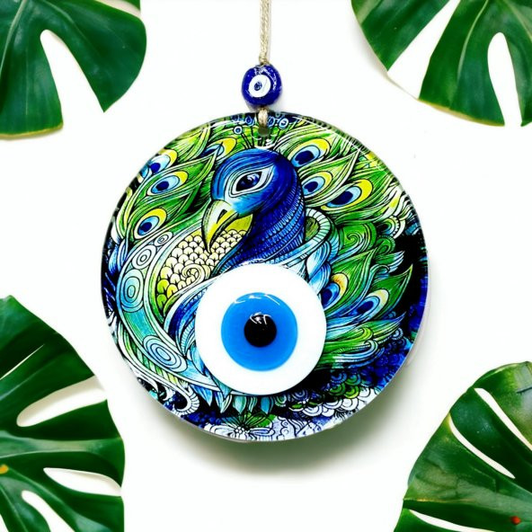 Tavus Kuşu Desenli 16 Santimetre Çapında Nazar Boncuklu Füzyon Cam Duvar Dekoru - Resim 4