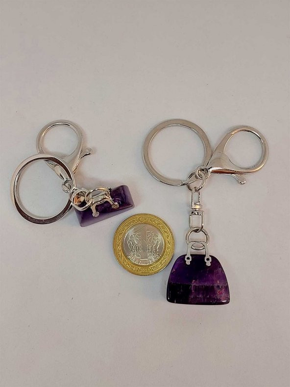 Çanta Şekilli Ametist Taşı Anahtarlık/Kolye Ucu - 3