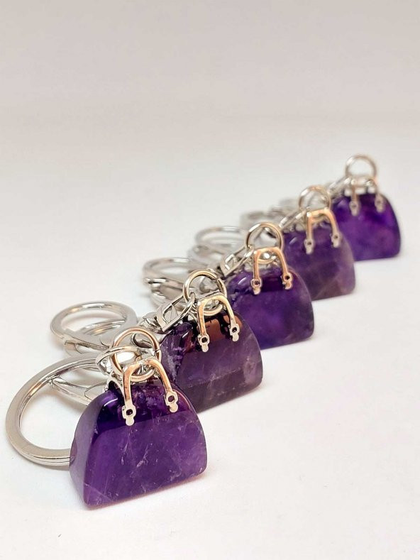 Çanta Şekilli Ametist Taşı Anahtarlık/Kolye Ucu - 5
