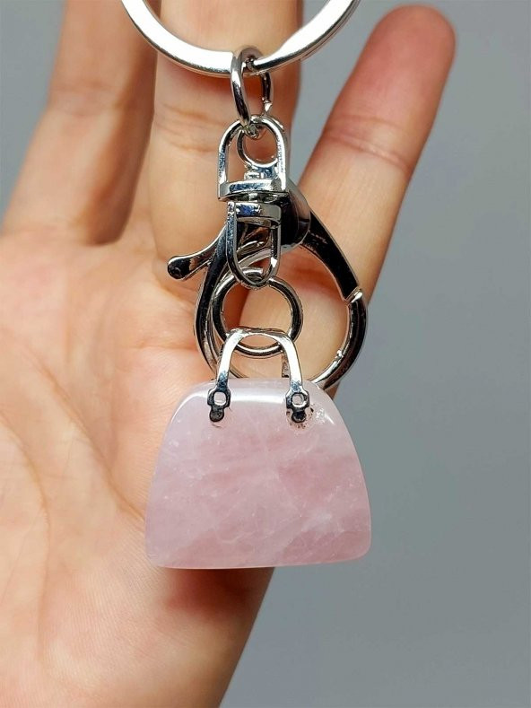 Çanta Şekilli Pembe Kuvars Taşı AnahtarlıkKolye Ucu - 2