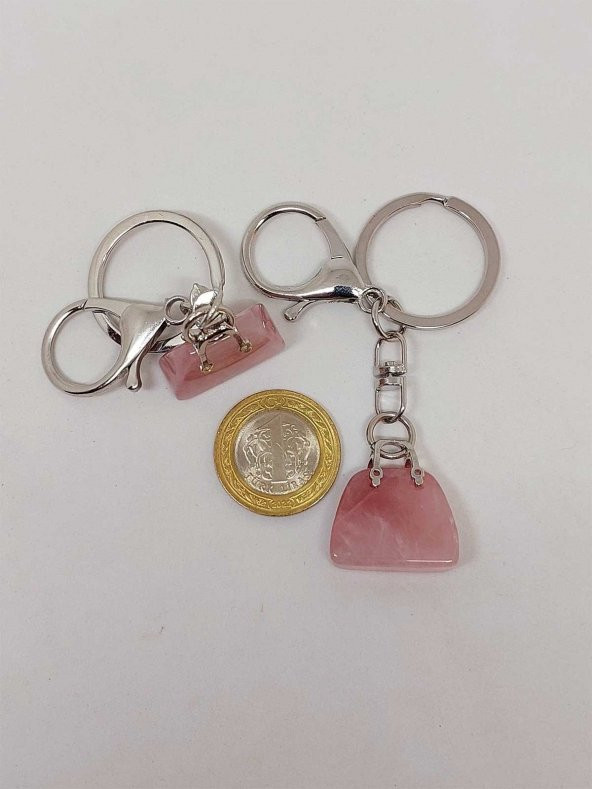Çanta Şekilli Pembe Kuvars Taşı AnahtarlıkKolye Ucu - 3